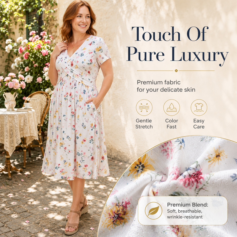 Rosavelle™ Florales Midikleid mit V Ausschnitt, Wickeloptik und Seitentaschen