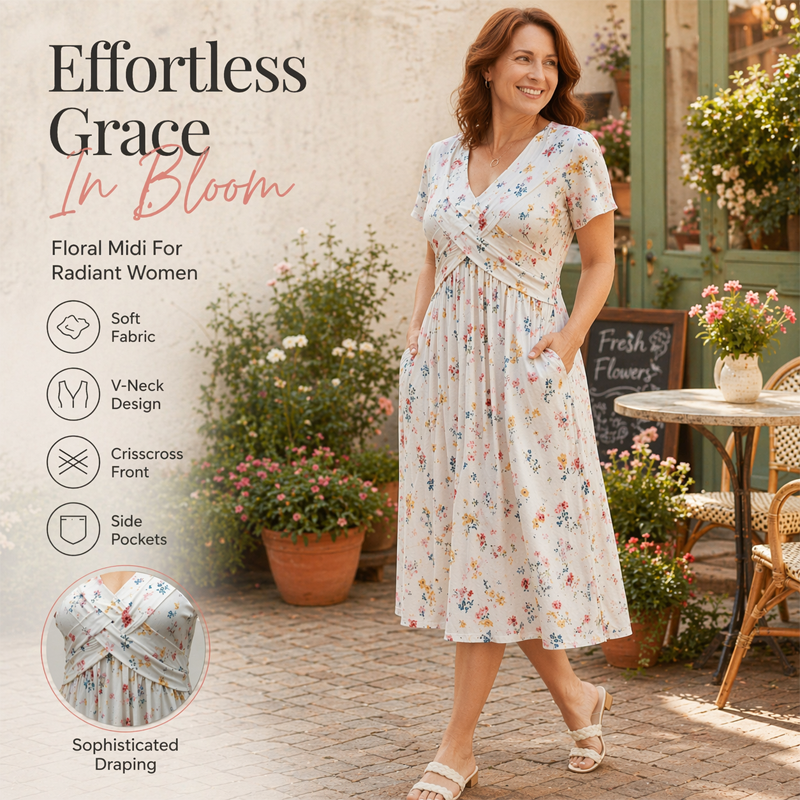Rosavelle™ Florales Midikleid mit V Ausschnitt, Wickeloptik und Seitentaschen