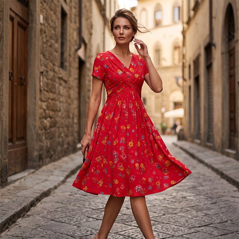 Rosavelle™ Florales Midikleid mit V Ausschnitt, Wickeloptik und Seitentaschen