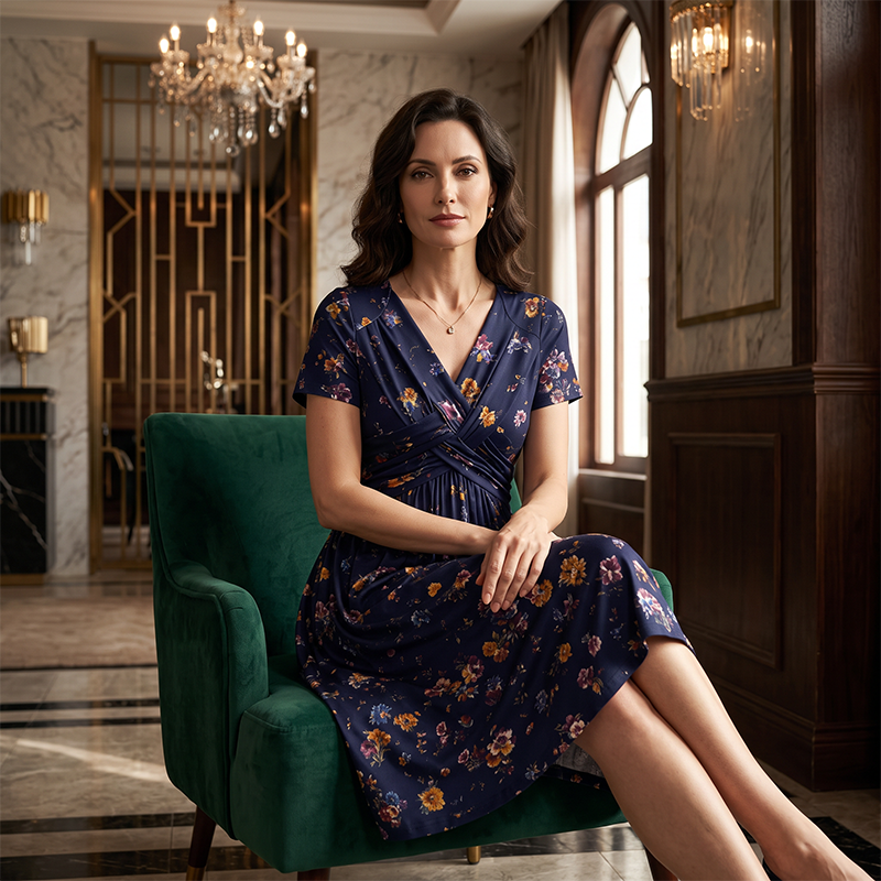 Rosavelle™ Florales Midikleid mit V Ausschnitt, Wickeloptik und Seitentaschen