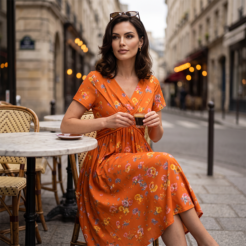Rosavelle™ Florales Midikleid mit V Ausschnitt, Wickeloptik und Seitentaschen