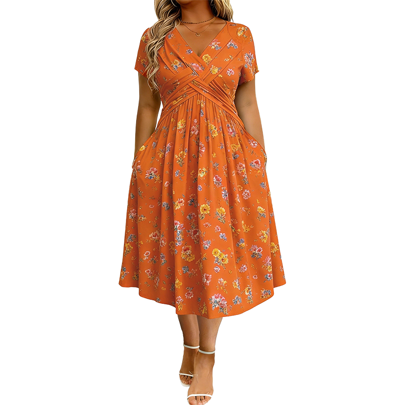 Rosavelle™ Florales Midikleid mit V Ausschnitt, Wickeloptik und Seitentaschen