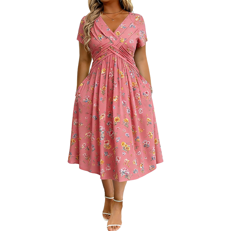 Rosavelle™ Florales Midikleid mit V Ausschnitt, Wickeloptik und Seitentaschen