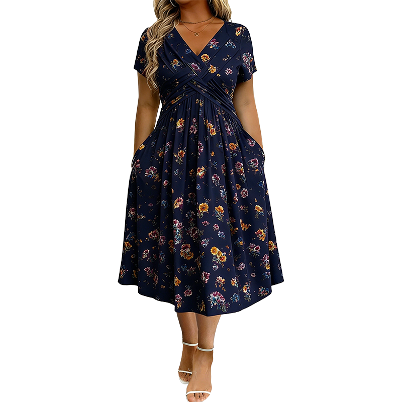Rosavelle™ Florales Midikleid mit V Ausschnitt, Wickeloptik und Seitentaschen