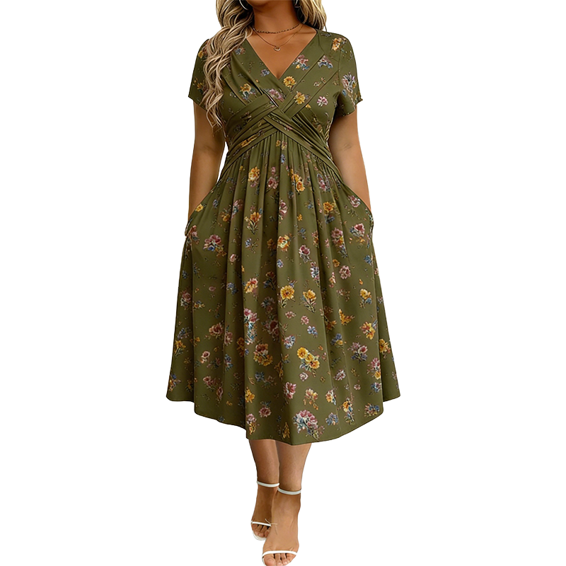 Rosavelle™ Florales Midikleid mit V Ausschnitt, Wickeloptik und Seitentaschen