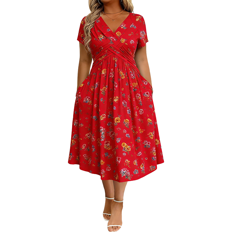 Rosavelle™ Florales Midikleid mit V Ausschnitt, Wickeloptik und Seitentaschen