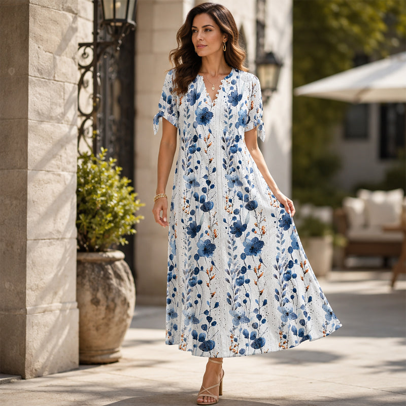 Elowena™ Luftiges Midi Sommerkleid mit Blumenmuster, V Ausschnitt und Taschen