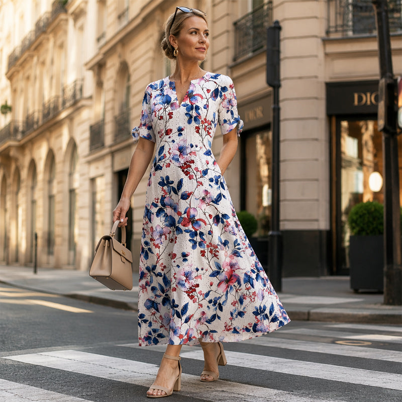 Elowena™ Luftiges Midi Sommerkleid mit Blumenmuster, V Ausschnitt und Taschen