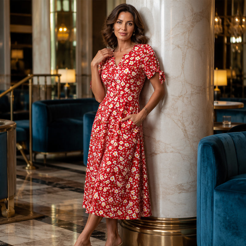 Elowena™ Luftiges Midi Sommerkleid mit Blumenmuster, V Ausschnitt und Taschen