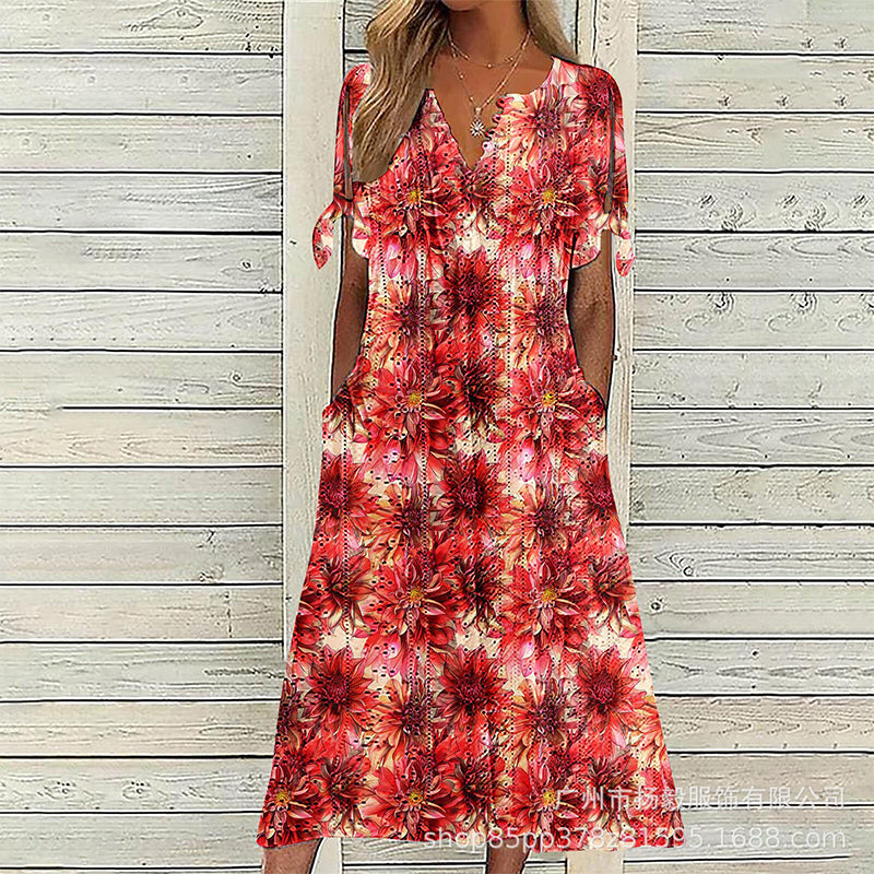Elowena™ Luftiges Midi Sommerkleid mit Blumenmuster, V Ausschnitt und Taschen