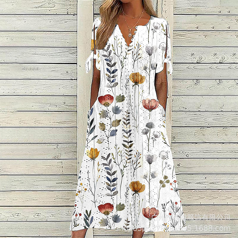 Elowena™ Luftiges Midi Sommerkleid mit Blumenmuster, V Ausschnitt und Taschen