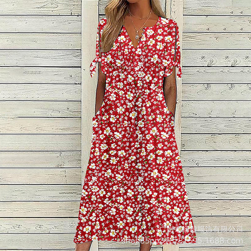 Elowena™ Luftiges Midi Sommerkleid mit Blumenmuster, V Ausschnitt und Taschen