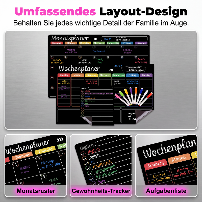 Planiva™ Magnetisches Familienplaner Set für Kühlschrank mit abwischbaren Markern