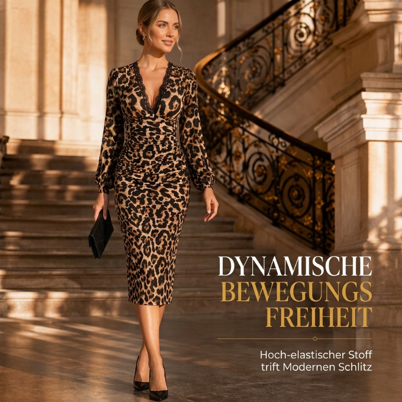 Leovelle™ Damen Midikleid mit Spitzen V Ausschnitt und Laternenärmeln