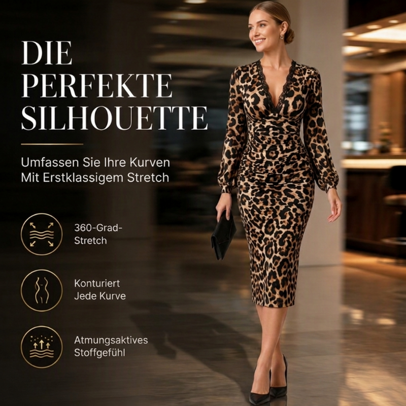 Leovelle™ Damen Midikleid mit Spitzen V Ausschnitt und Laternenärmeln