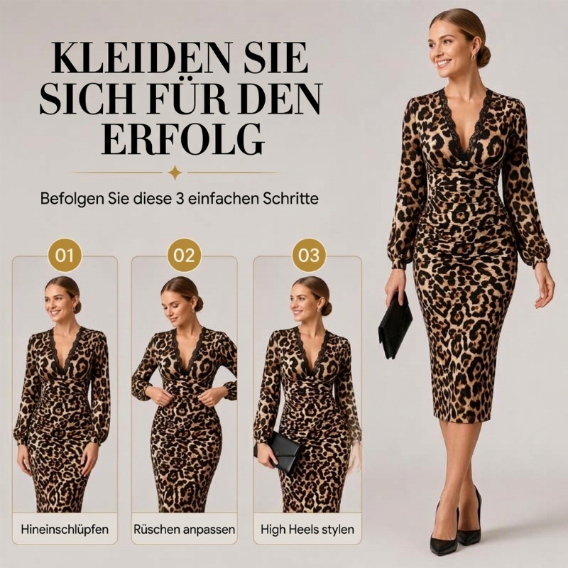 Leovelle™ Damen Midikleid mit Spitzen V Ausschnitt und Laternenärmeln