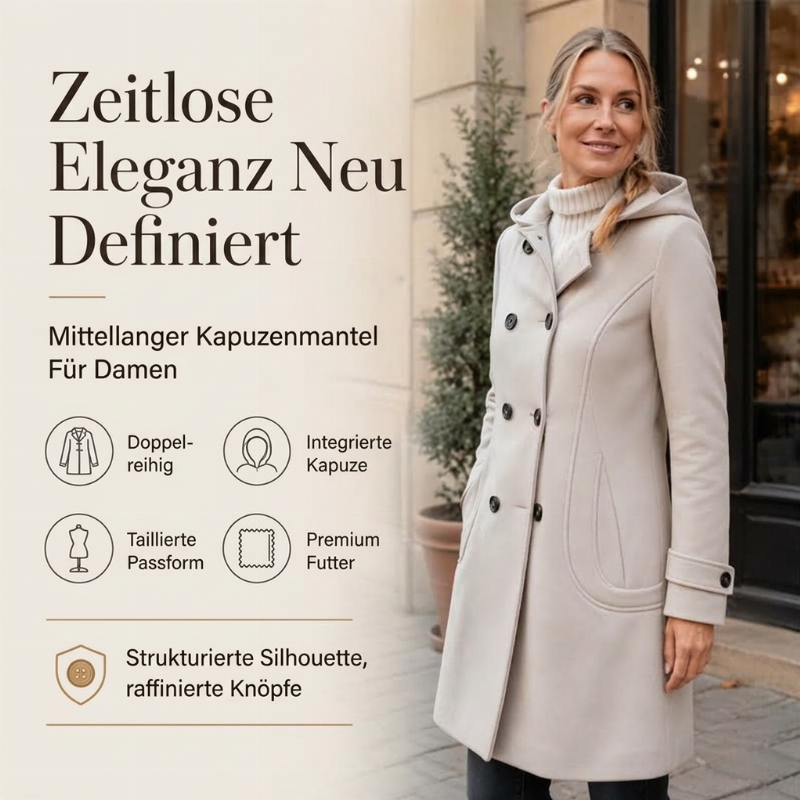 Nordelle™ Doppelreihiger Damen Mantel mit Kapuze