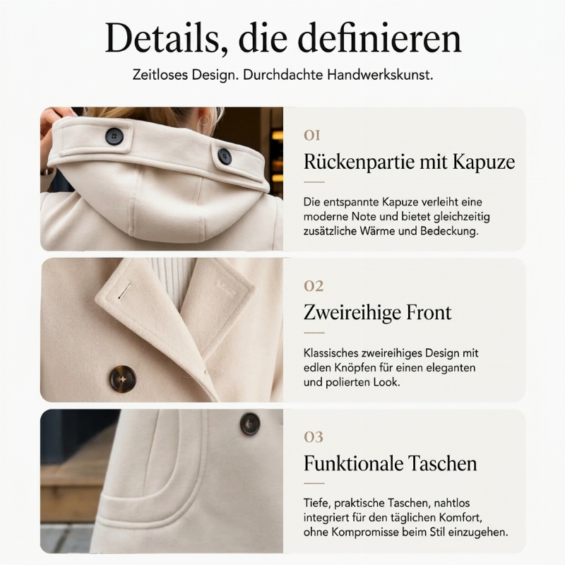 Nordelle™ Doppelreihiger Damen Mantel mit Kapuze